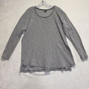 J. Jill Grey White Striped Knit Long Sleeve Scoop Neck Waffle Top Size XL